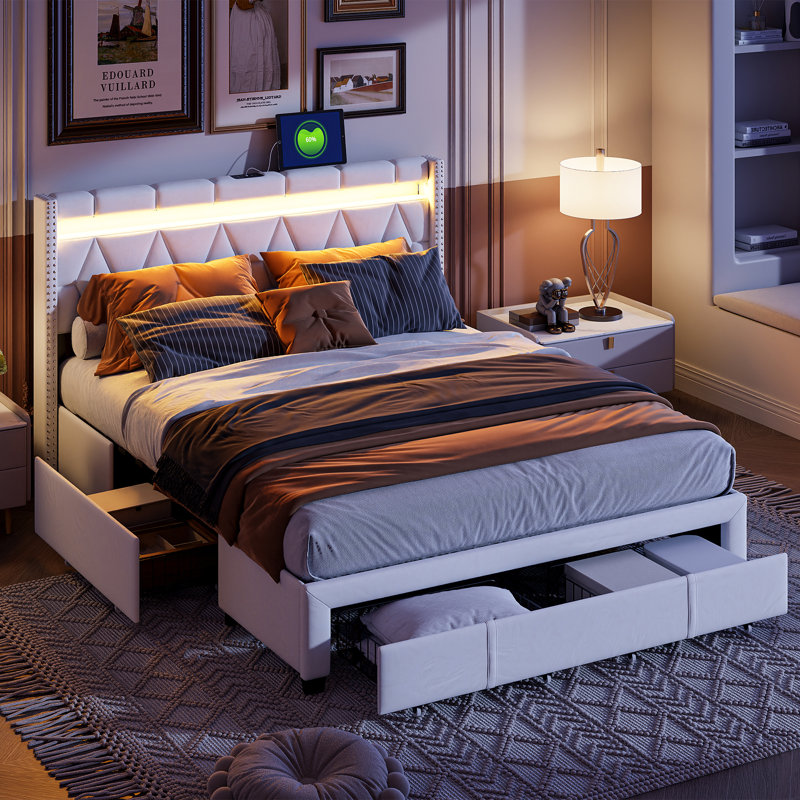 Storage Bed, Beige, European Kingsize (160 x 200 cm)