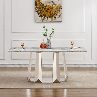 Marble Dining Table For 6 People, 70'' Rectangle Faux Marble Dining Table With Mirrored Finish Stainless Steel Base, Modern Large Size Marble Kitchen Table (Only Table)