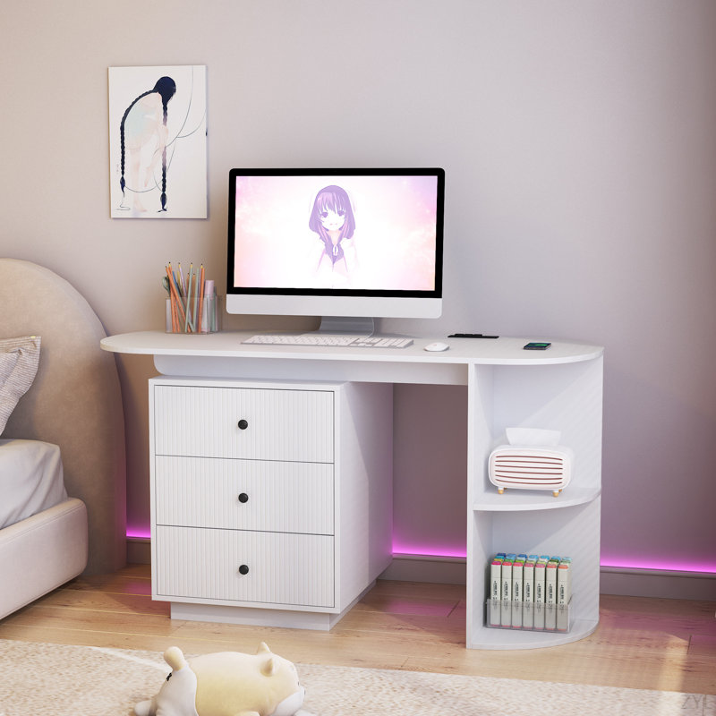 Table de bureau moderne, bureau extensible avec tiroirs de rangement et tablette ouverte, bureau d'ordinateur avec huche et bibliothèque, bureau de direction en bois pour adolescents Bureau d'écriture pour ordinateur portable