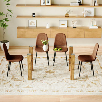 Ensemble de table de salle à manger, table de salle à manger en verre avec pieds en panneau de fibres à densité moyenne, 4 chaises avec pieds en métal