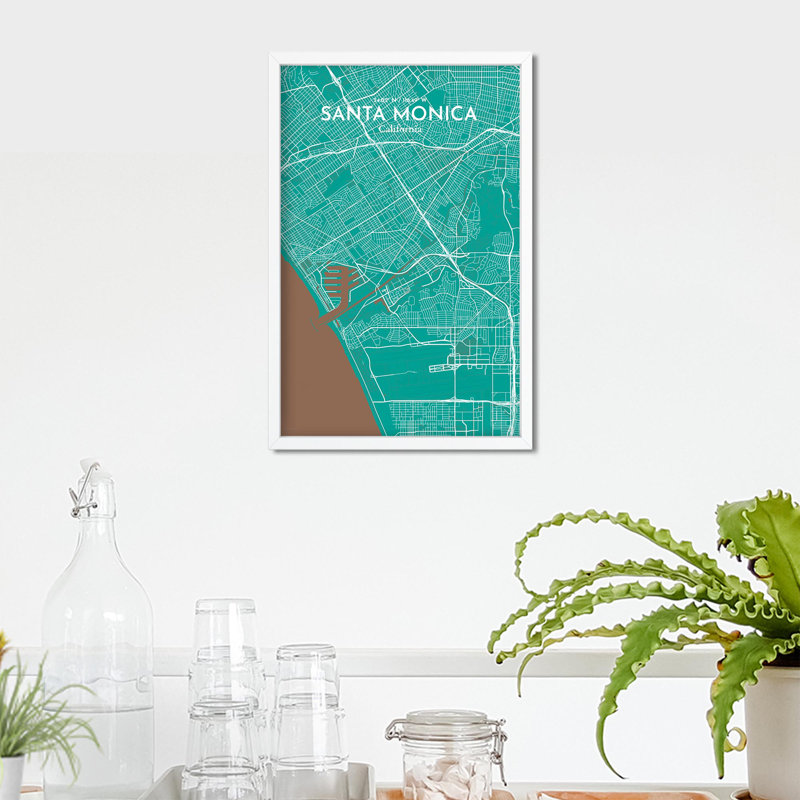 Santa Monica, carte de la ville, impression, H 17 po x l 11 po, Vert / Brun