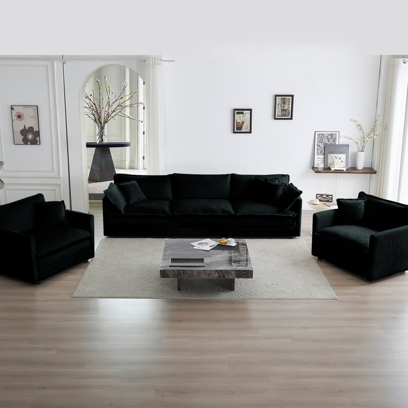 1 + 1 + 3 sièges en noir - revêtement en chenille, base, éponge, pour espace de vie avec 3 chenilles, construction respirante, bureau à domicile