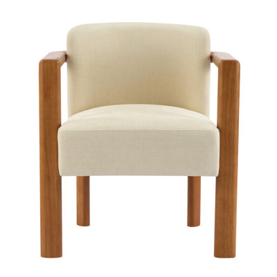 Upholstered Fabric Armchair with Walnut Rubber Wood Frame in Beige (Set of 2)