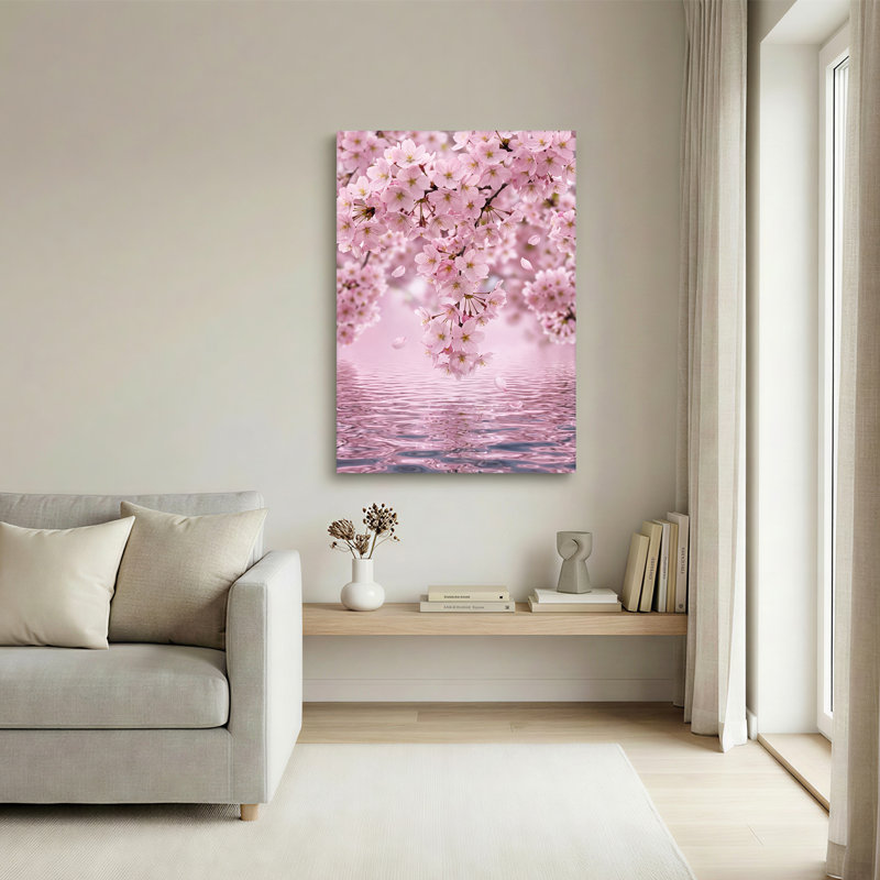 Art sur toile, branches de fleurs de cerisier roses sur l'eau ondulée, H 36 po x l 24 po