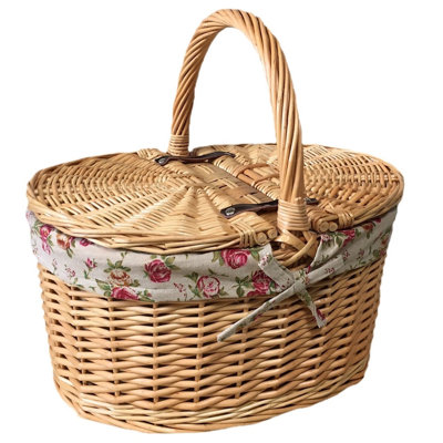 Buff Double Lidded Oval Willow Picnic Basket with Garden Rose Lining