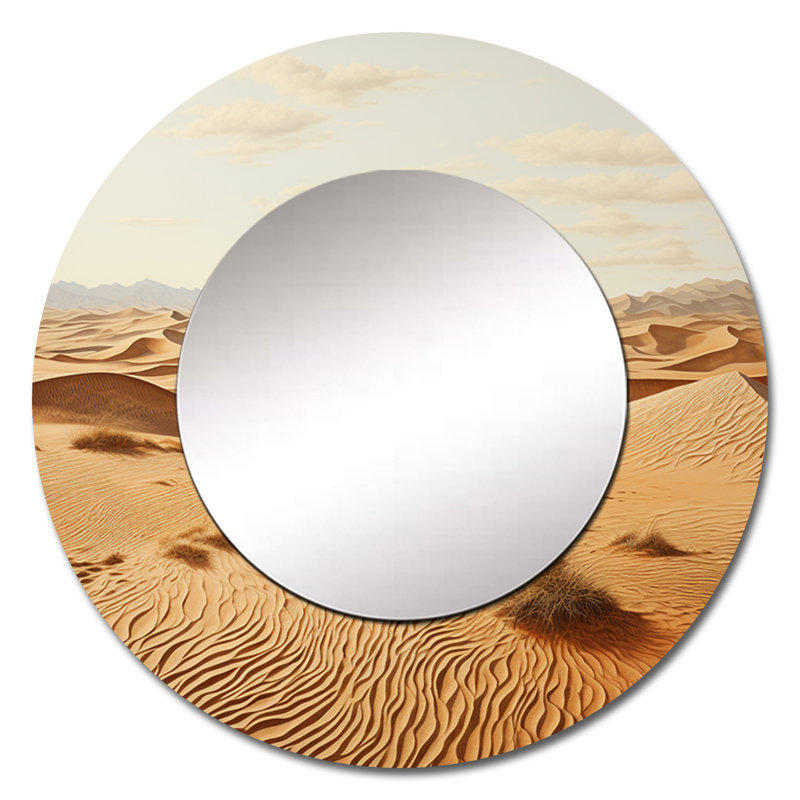 Desert Sand Serenity Pointillism I - miroir mural unique désert, miroir rond beige, impression d'art en métal, 29 po x 29 po
