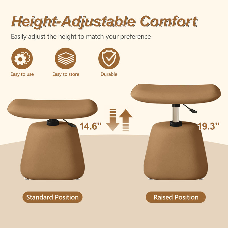 Tabouret de coiffeuse rembourré réglable en hauteur avec repose-pieds intégré, idéal pour la chambre, le salon ou l'entrée, brun