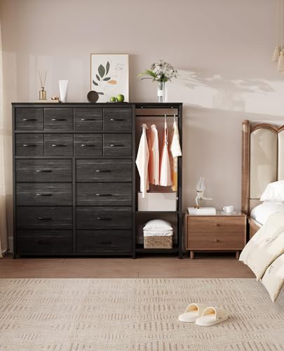 Grande commode pour chambre à coucher avec 16 tiroirs, porte-vêtements et tablettes de rangement, commode de rangement pour vêtements