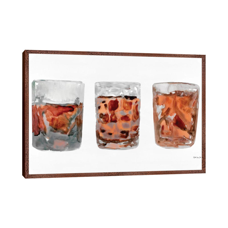 Bourbon Glasses II - Painting on Canvas, 45.72cm H x 66.04cm W x 3.81cm D, Classic Brown Wood Floater Framed