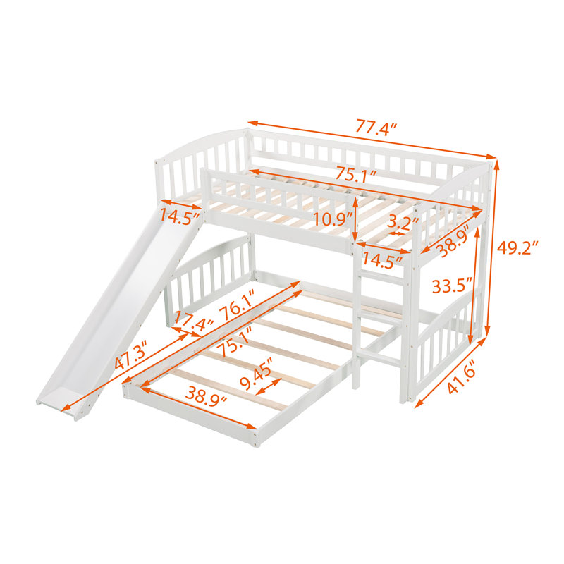 Lit superposé simple au-dessus de simple avec glissière et échelle, structure en pin massif, mobilier de chambre d'enfant blanc peu encombrant