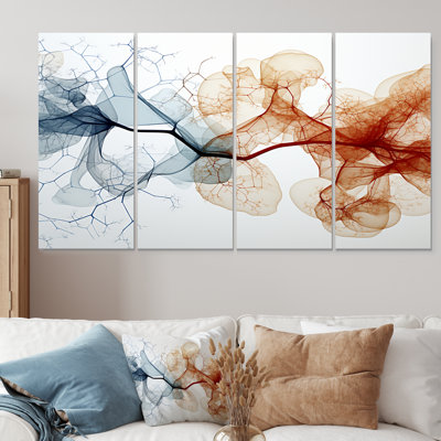 Mycelium Structures, orange, bleu, art abstrait sur toile, vagues modernes, 4 pièces