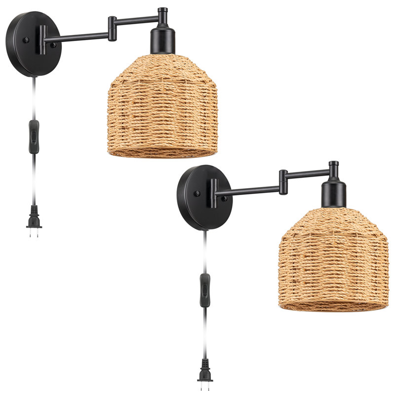 Set Of 2 Wall Sconce With Rattan Lampshade On/off Switch For Bedroom, Living Room, Office