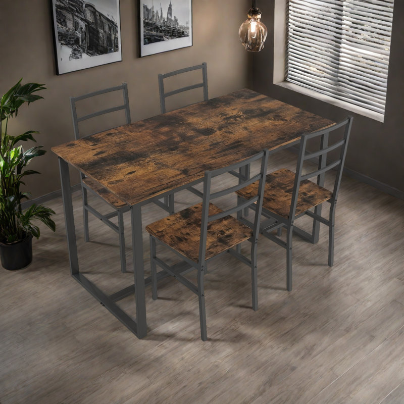 Ensemble de table et de chaises cinq pièces avec dossier, style industriel, structure solide, Beige, Noir, noir, noir, noir