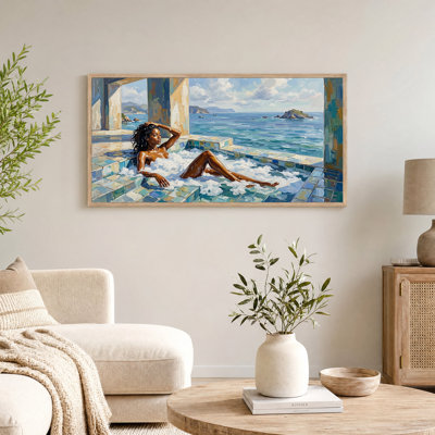 Woman Relaxing in Tiled Pool with Ocean View Canvas Wall Art