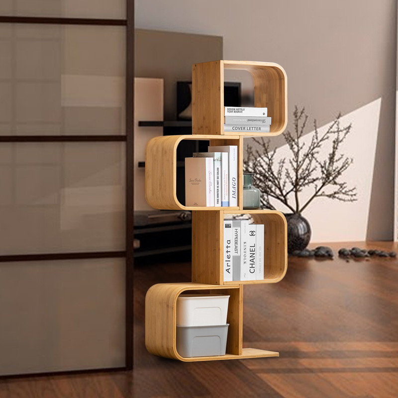 S-shaped geometric modern bamboo bookshelf, (4 tablettes) H 52,4 po x l 24 po x P 9,1 po