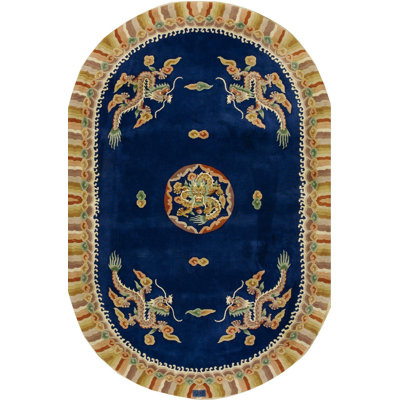 Tapis de couloir en laine beige et bleu marine Vintage Art Deco