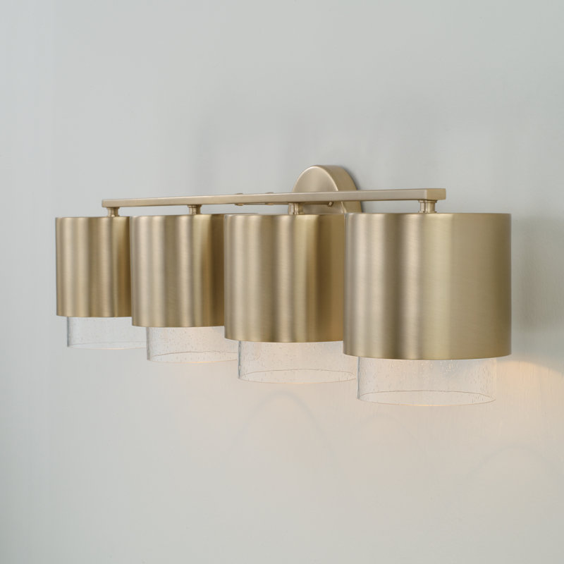 33.50"W x 8.25"H 4-Light Cylindrical Metal Vanity and Seeded Glass, Matte Brass