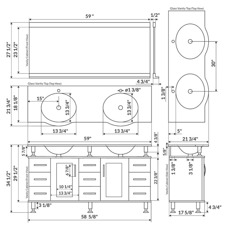 Ensemble de meuble-lavabo de salle de bain double 59 po avec miroir, Espresso