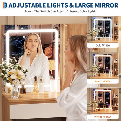 Vanity Desk With Led Mirror, Makeup Vanity Desk With 4 Drawers, Power Outlets, Storage Stool, Storage Shelves & Hair Dryer Holder , Adjustable 3 Lighting Modes, Makeup Vanity Set For Bedroom