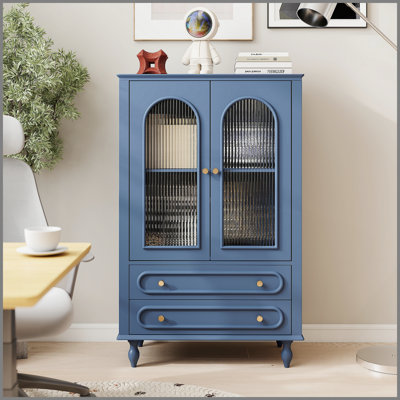 Vitrine en verre 46,5 po avec portes en verre nervuré, vitrine en bois avec 2 tiroirs et tablette réglable, armoire autoportante pour le salon, bleu marine