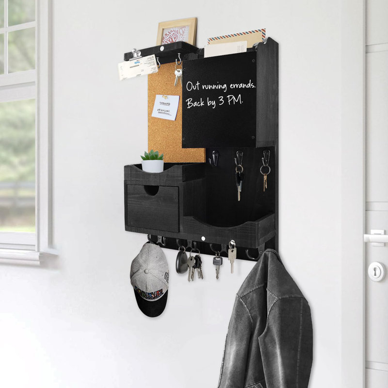 Black Pine Wood Wall Mounted Key and Mail Organizer with Chalkboard and Corkboard
