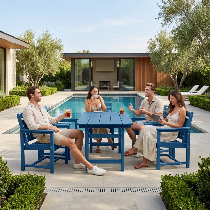 4-Person 5-Piece rectangular Patio Dining Set With Umbrella Hole, Navy Blue