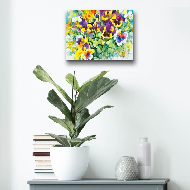 Art mural en verre "Pansies posant 2 2" par Annelein Beukenkamp, H 12 po x l 16 po x P 0,13 po