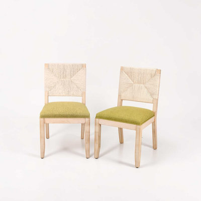 Amando French Country Upholstered Dining Chairs, Boho Wood Dining Chairs with Woven Back  Linen Seat, Solid Wood Frame