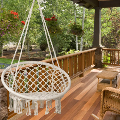 LED Macrame Swing Hammock Chair With 39Ft Light For Indoor Outdoor Use, Handmade Cotton Rope Design, No Stand Included