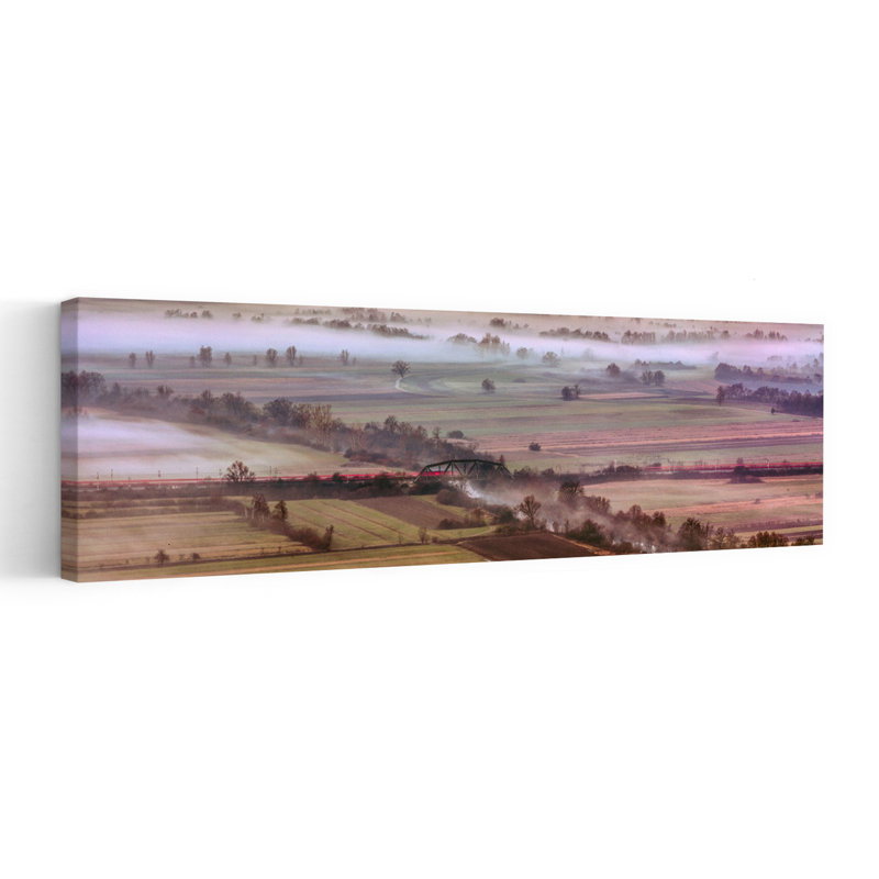 Train sur un pont brumeux, paysage serein paisible, art mural nature, H 12 po x l 36 po