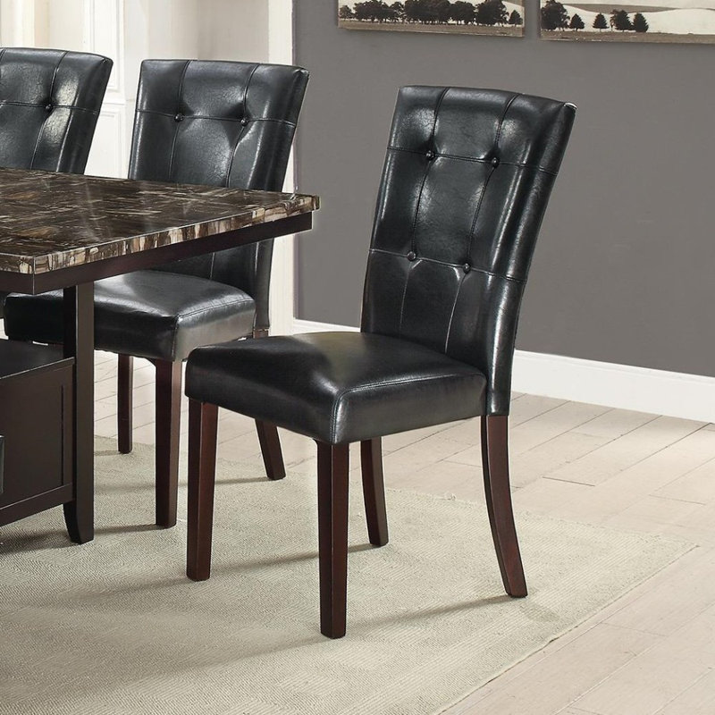 Dining Side Chair Set of 2, Button Tufted Black Faux Leather Upholstery, Black