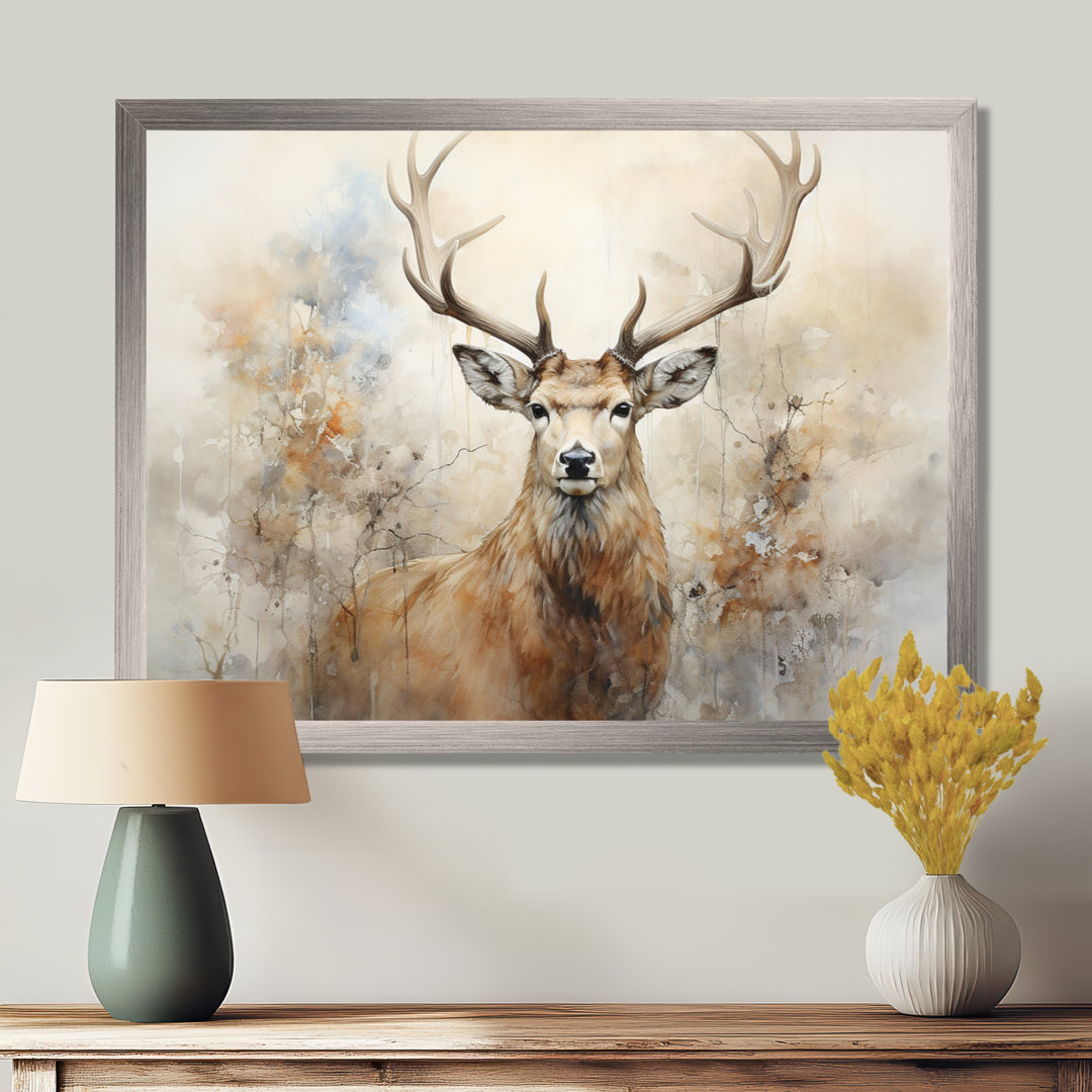 Minimalism Beige Deer Portrait III - Deer Framed Canvas Print Wall Art Millwood Pines 