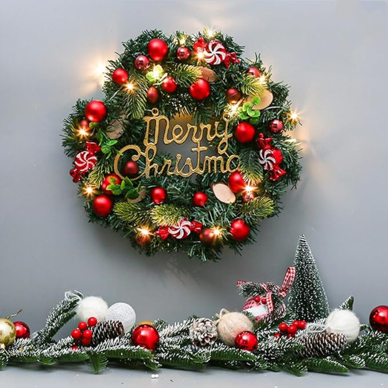 Couronne de Noël artificielle pré-éclairée, couronnes de Noël éclairées pour la porte d'entrée, couronne de Noël intérieure et extérieure pour les décorations de Noël