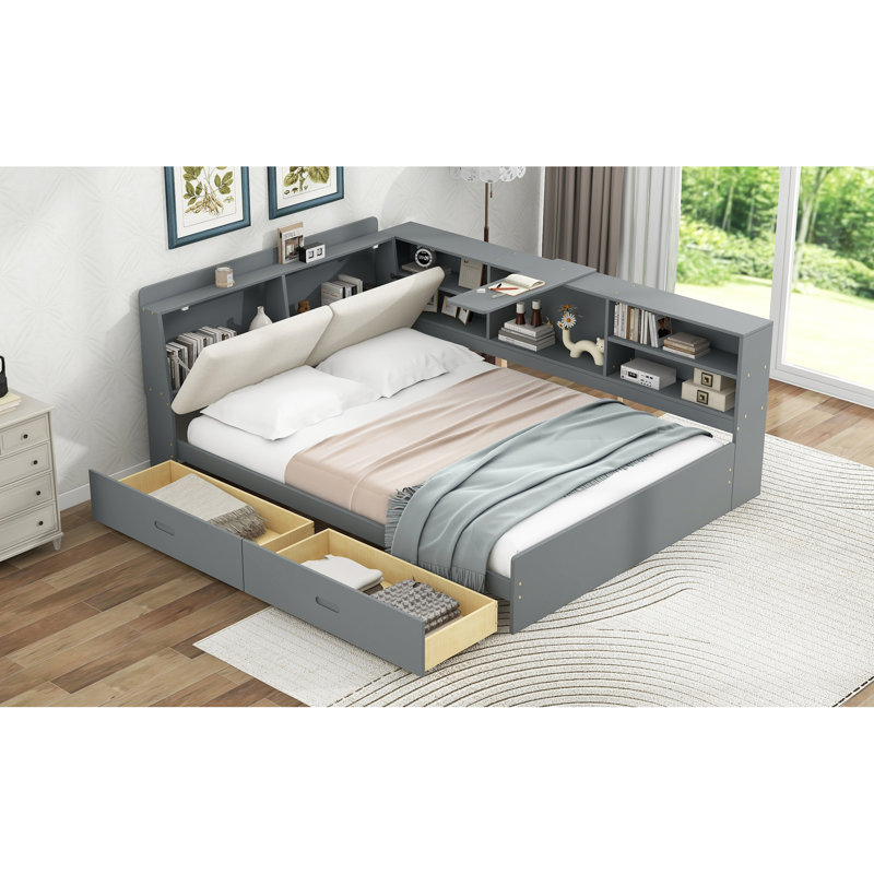 Lit plateforme en bois avec tête de lit, tablettes et 2 tiroirs, Lit double, Gris