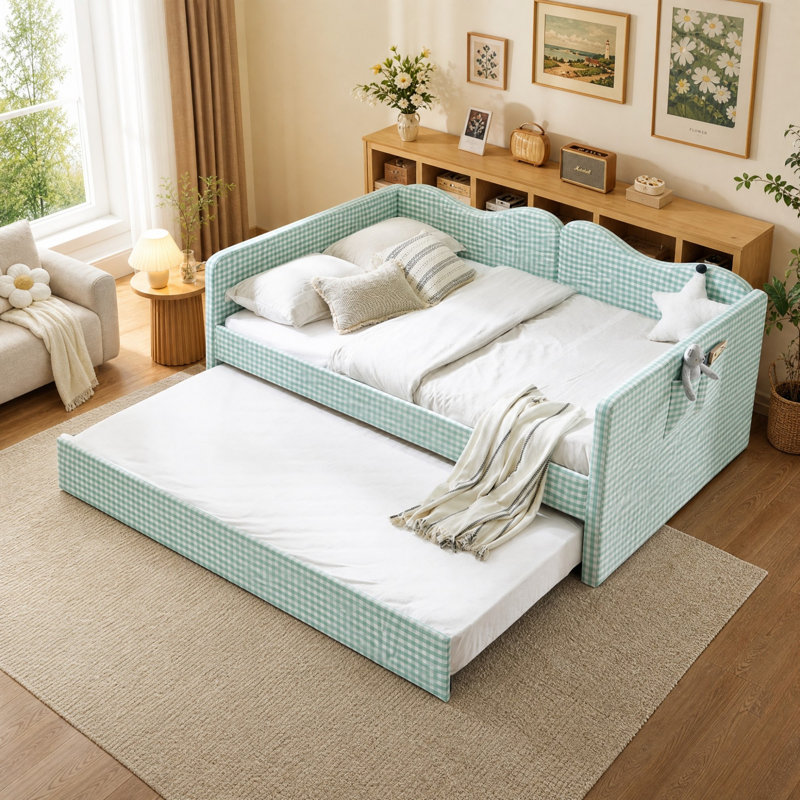 Divan-lit double convertible 3 en 1 avec couchette coulissante et poches de rangement latérales Gingham, Full / Double, cyan