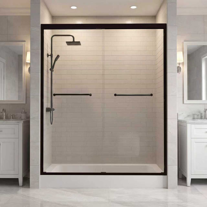 56" - 60" W x 58" H Double Sliding Shower Door, Framed Bypass Shower Door with 1/4-in (6mm) Tempered Glass and Quiet Rollers, Stainless Steel Accessories