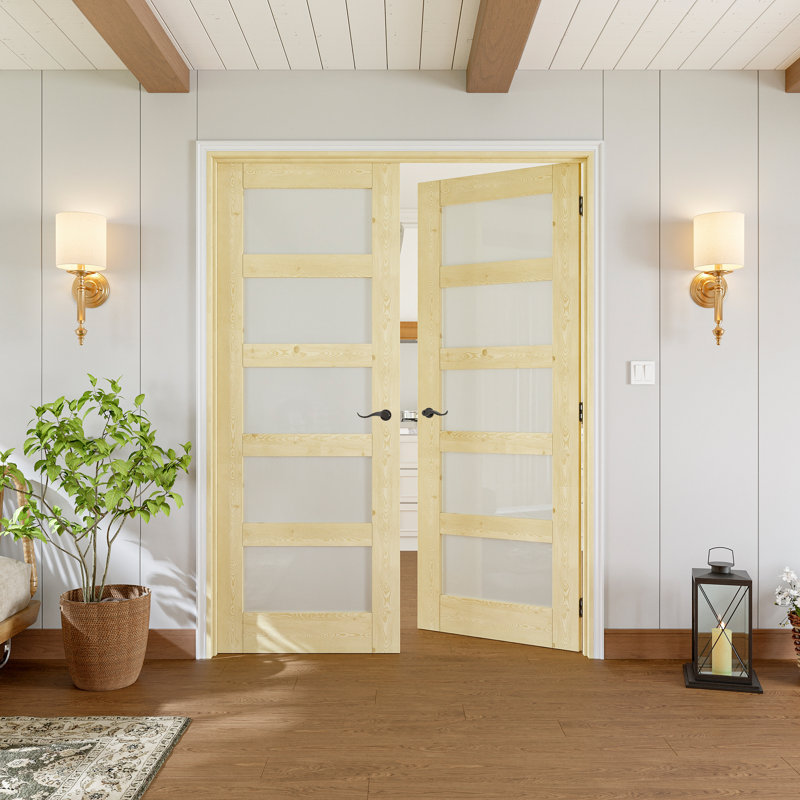 Porte française intérieure de 64 po x 80 po, portes en bois de pin et verre trempé givré 5-Lite, bois de pin massif à peindre non fini, ensemble de cadre complet, charnières noires, 4 leviers courbés et loquet, fabrication en bois de pin naturel robuste et verre d'intimité et en verre givré