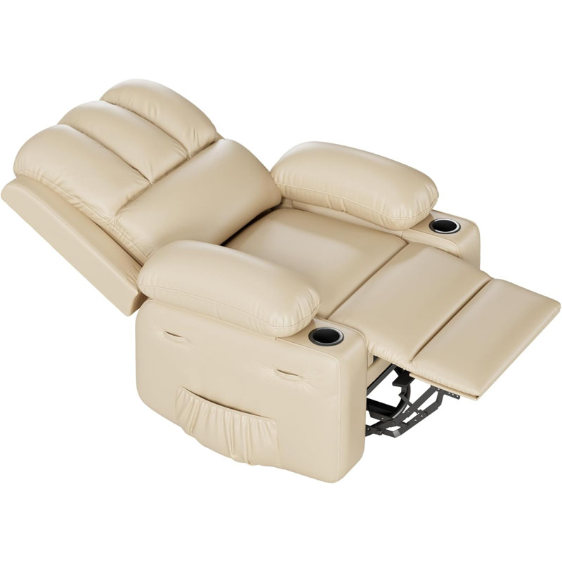 Leather Recliner Chair, Manual Recliner w/Comfortable Arms and Cup Holders for Living Room, Beige