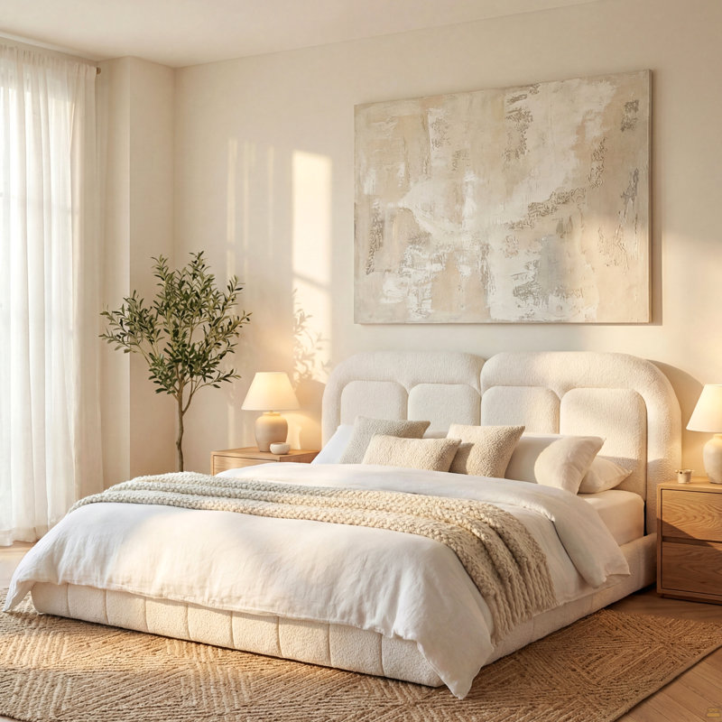 Lit plateforme tapissier très grand avec tête de lit capitonnée Boucle. Très silencieux, support de 800 lb, durable et facile à nettoyer, blanc