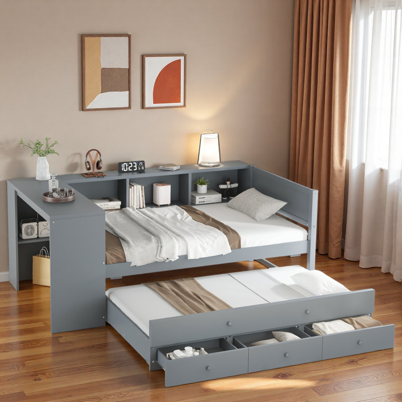 Wood Daybed With Trundle, Storage Drawers, Side Shelves And Desk, Twin, Gray