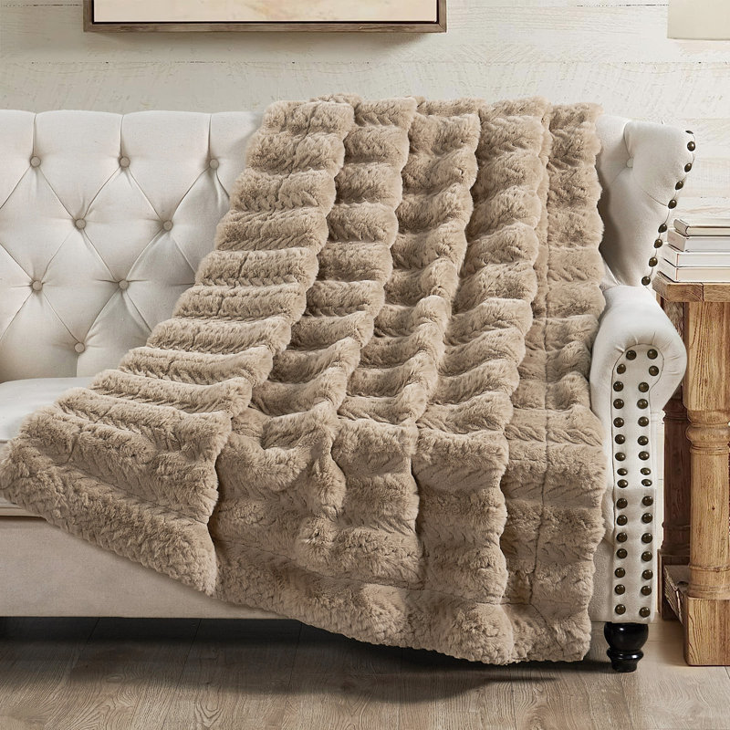 Tread Pattern Rabbit Faux Fur Throw, Light Taupe, 60'' x 70"