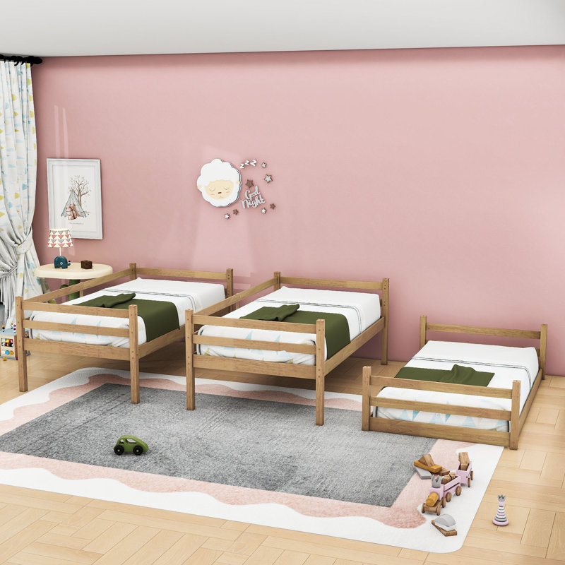 Triple Twin Over Twin Over Twin Bunk Bed With Detachable Design And Built-In Safety Features, Natural