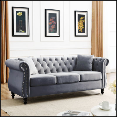 80" Chesterfield Sofa Grey Velvet for Living Room, 3 Seater Sofa Tufted Couch