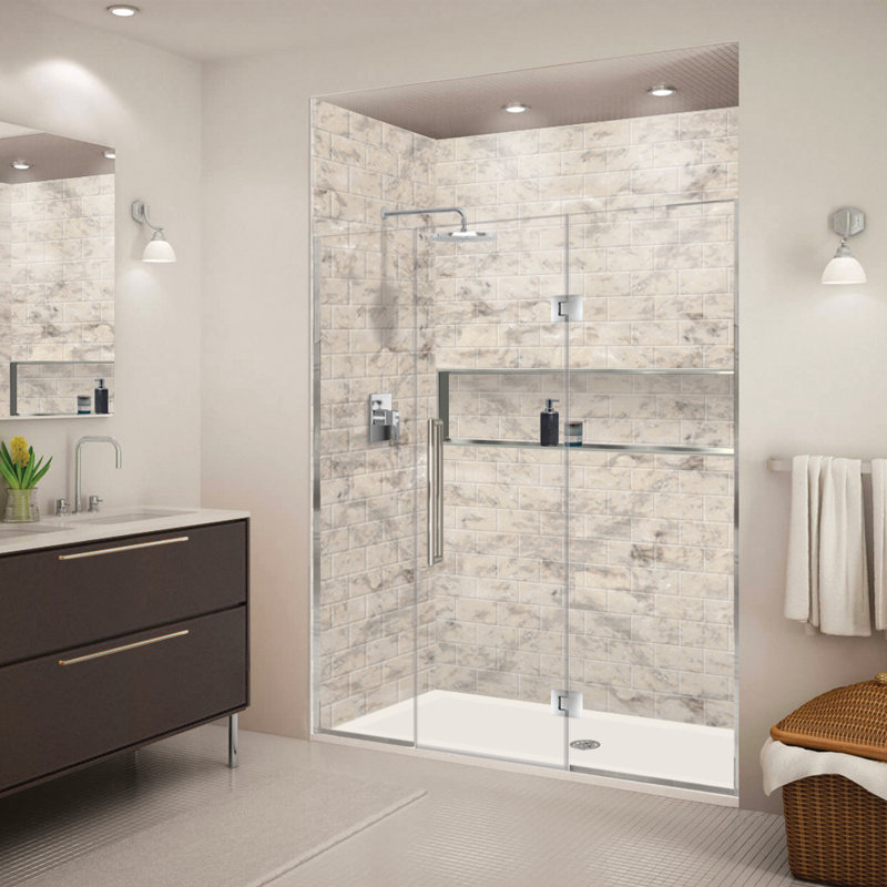 Porte de douche à charnière avec verre transparent l 69,5 po x H 76 po Transolide Elizabeth, Chrome poli