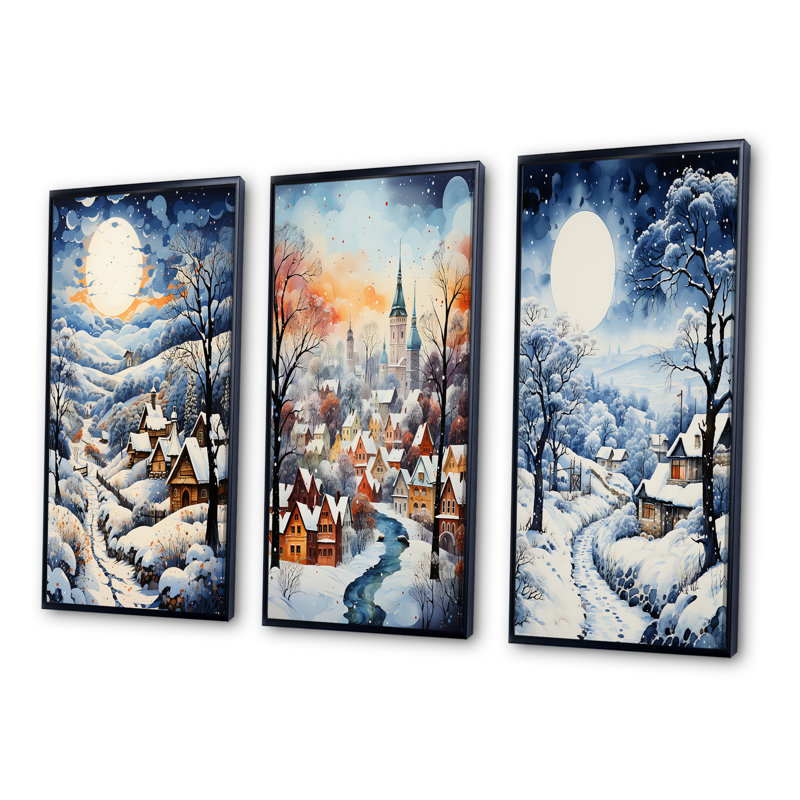 «Harmony Of Winter Village V», 3 pièces sur toile, Cadre blanc, H 40 po x l 60 po