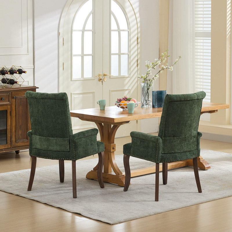 Chaise de salle à manger rembourrée en tissu de chenille, pieds courbés en bois massif, élégante chaise capitonnée de salle à manger avec accoudoirs, paquet simple, vert olive
