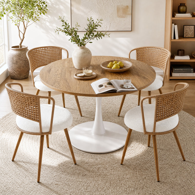 Table de salle à manger extensible ronde-ovale de style moderne du milieu du siècle (147 cm) pour 4 à 6 personnes, avec pied central tulipe en métal, couleur naturelle.