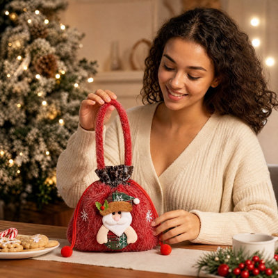 Décorations de Noël : Sacs-cadeaux à cordon avec poignée, motif bonhomme de neige, Père Noël et ours, pochettes à bonbons et gâteries de Noël réutilisables en tissu, parfaits pour les fêtes de fin d'année.
