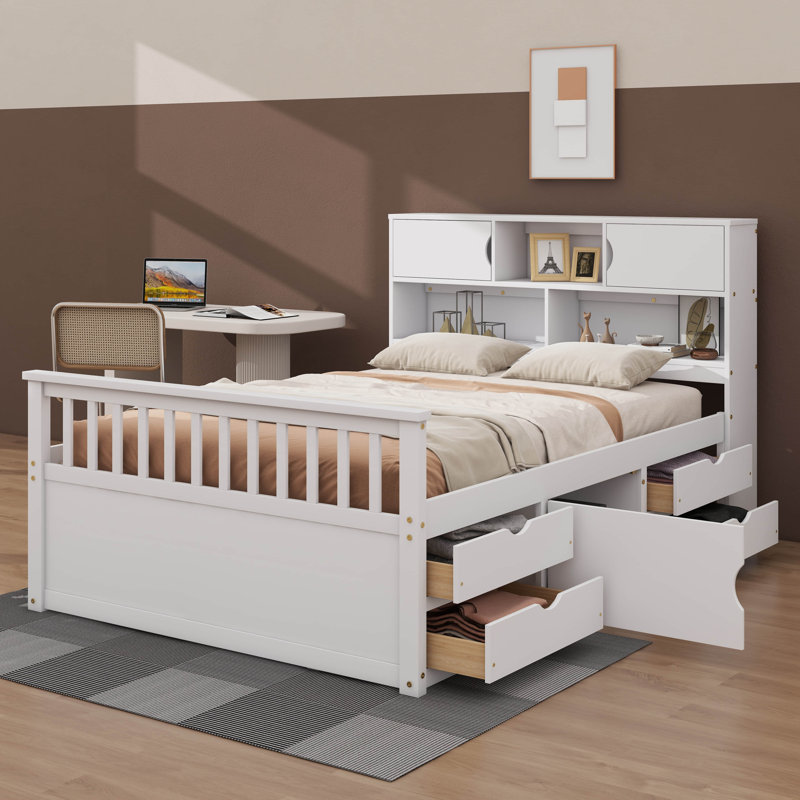 Base de lit plateforme double pleine grandeur avec rangement pour bibliothèque et quatre tiroirs intégrés, Blanc