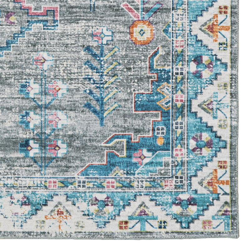 Tapis gris et vert lavable tissé à la machine Ducote, Rectangle 5 pi x 7 pi